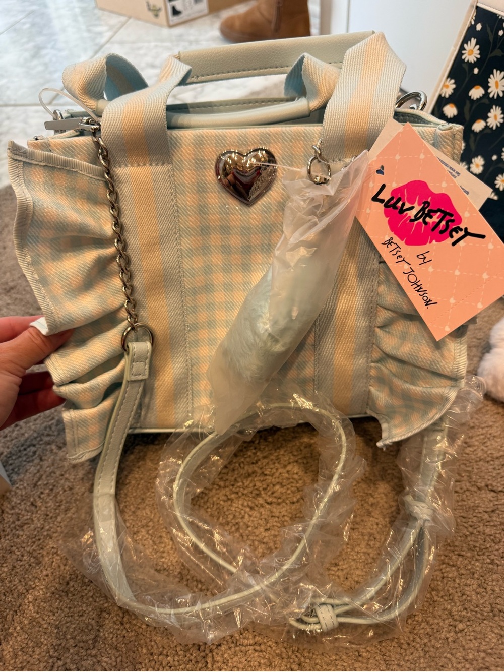 NWT Luv Betsey by Betsey Johnson Baby Blue Gingham Ruffle Bag